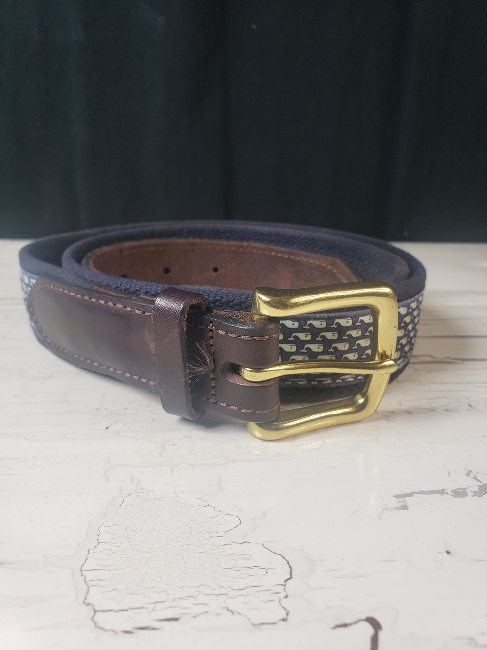 Vineyard Vines Navy Whale-Print Webbing Belt with Brown Leather - Picture 5 of 16